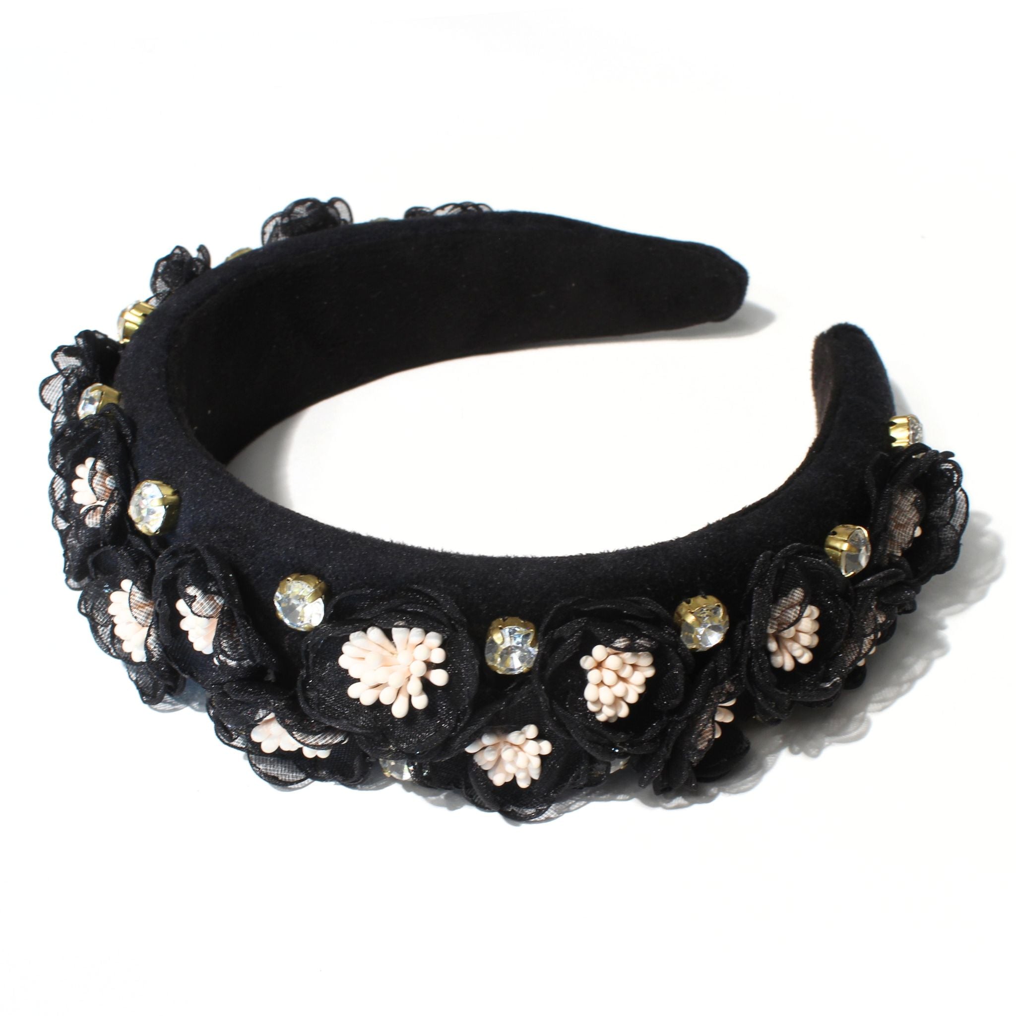 Onyx Floral Headband, a thick black headband with elegant floral details, perfect for headbands for women.