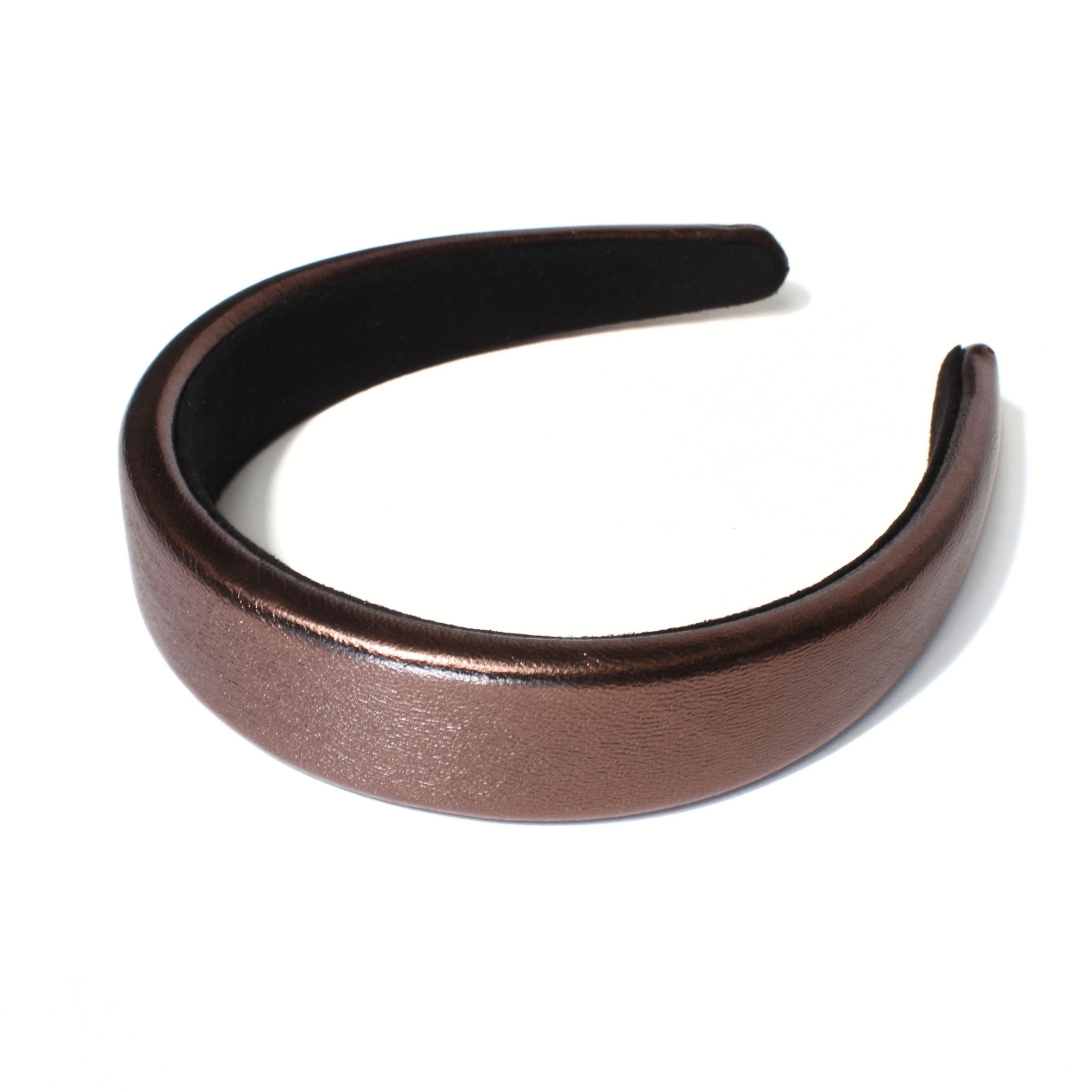 Brown leather womens headbands made from faux metallic leather, stylish padded headband for a comfortable and trendy look.