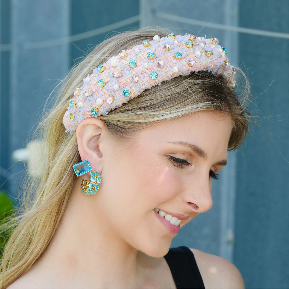 blue cyan crystal gold hoop earrings. Great addition for aquamarine jewelry collection