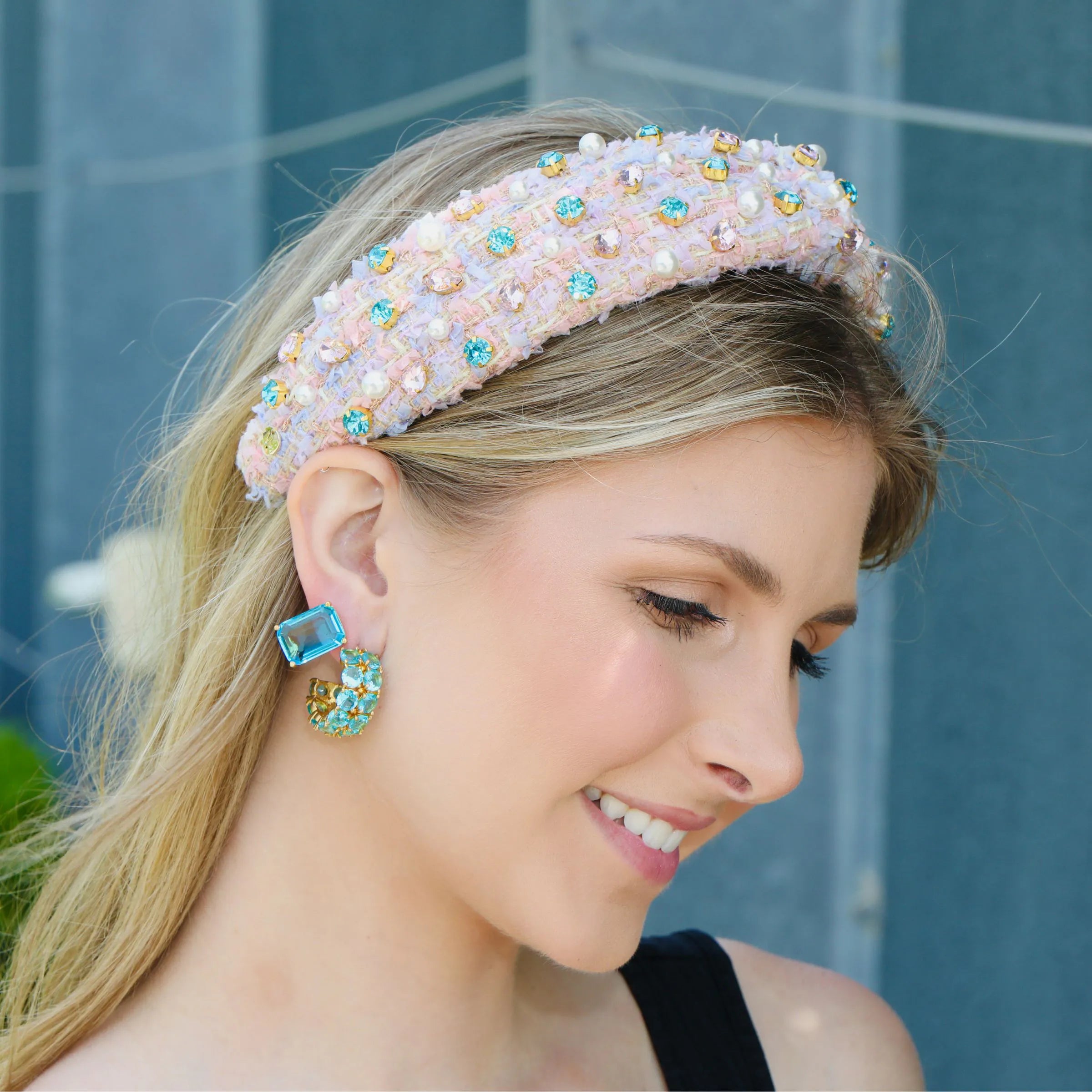 blue cyan crystal gold hoop earrings