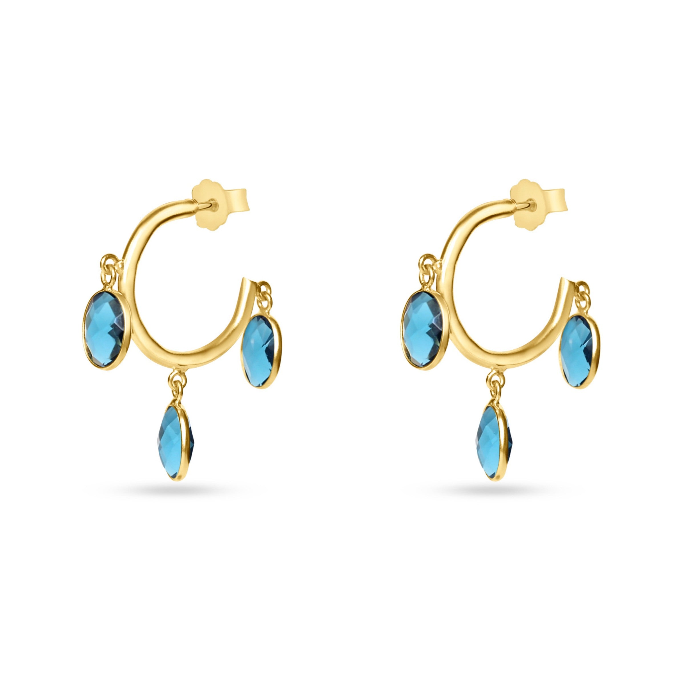 small hoop earrings gold made with blue sapphire crystal hanging from the hoop earrings