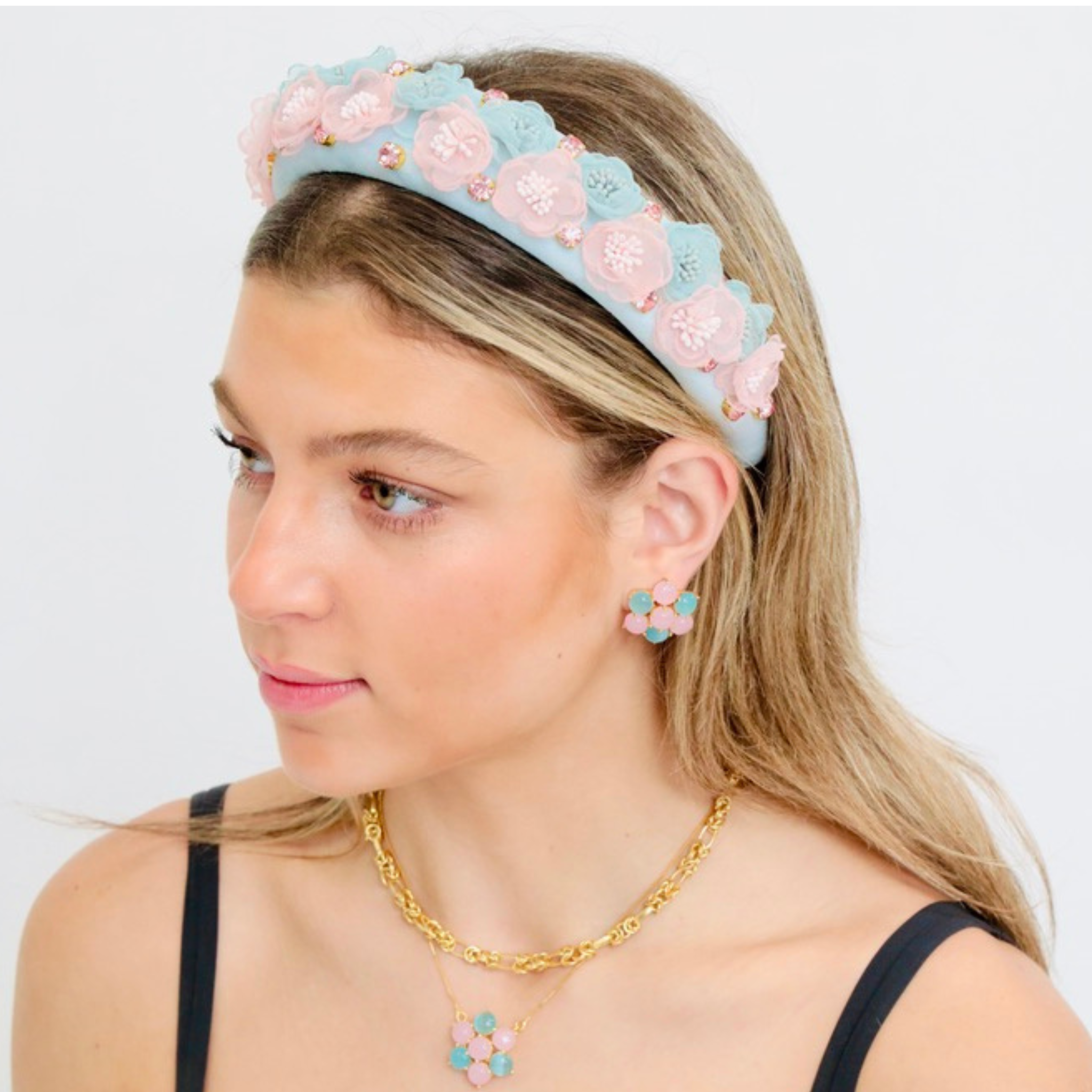 Lightweight and romantic flower crown headband in pastel tones, perfect for adding charm to headbands for women. Designed by uglam in NYC