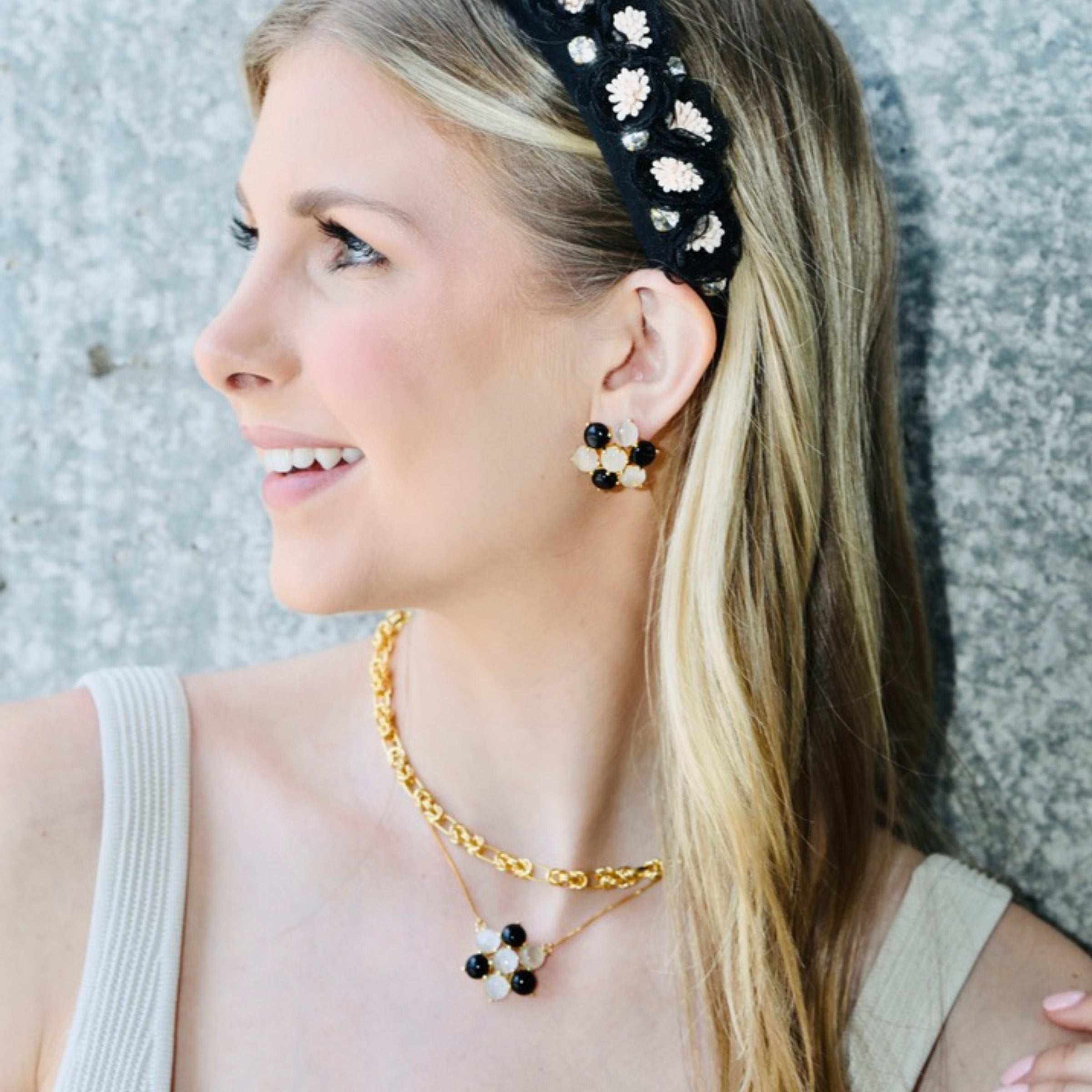 Ivory & Black Flower Earrings