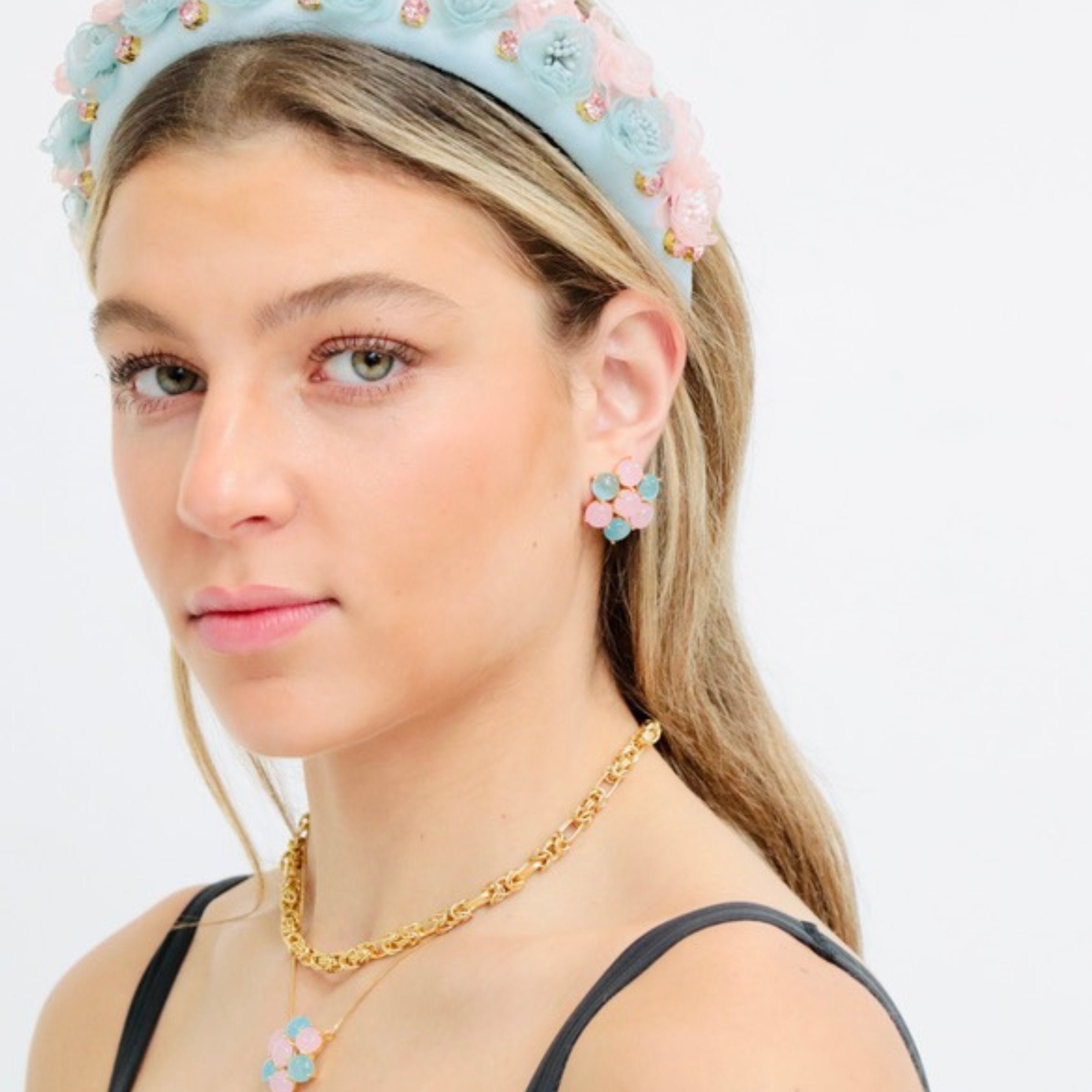 aqua and pink flower earrings