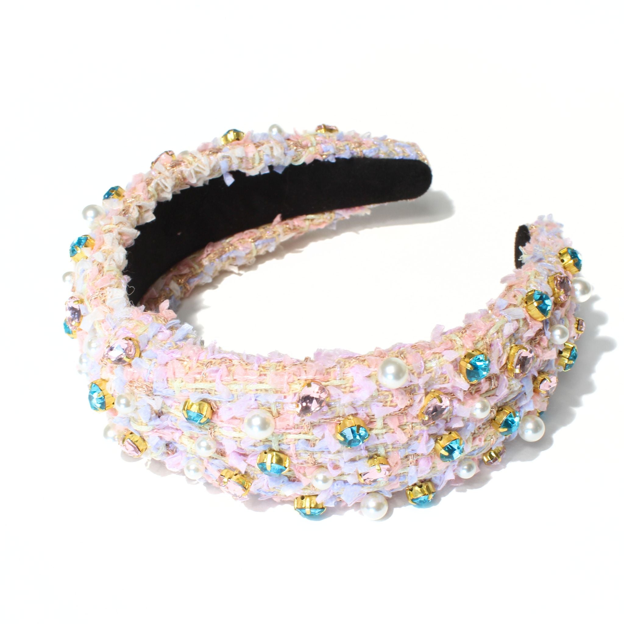 Pink headbands in a stylish tweed design, featuring faux pearls and gold-plated crystal details for a chic look