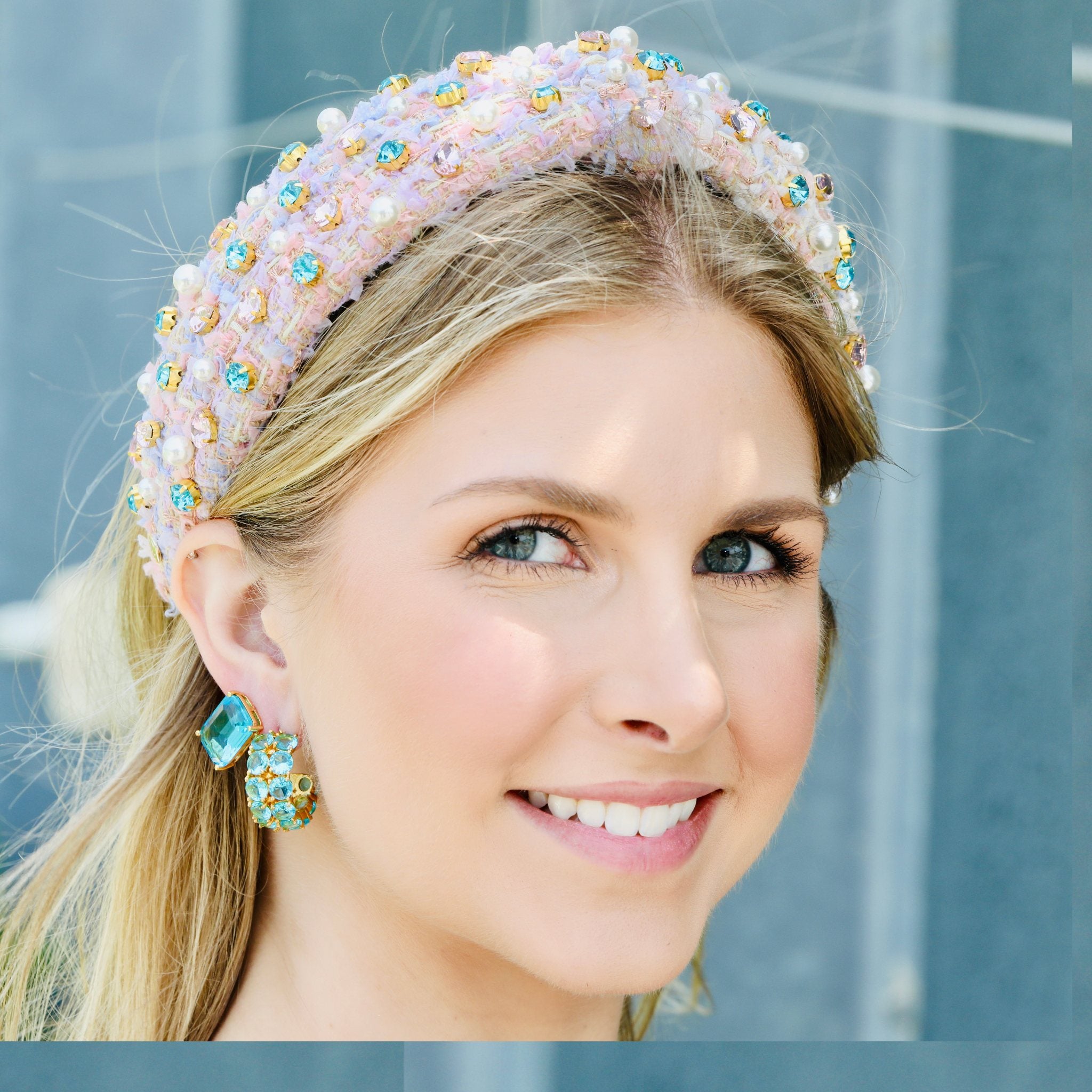 Head bands for thick hair with a structured pink tweed design, adorned with pearls and crystals.