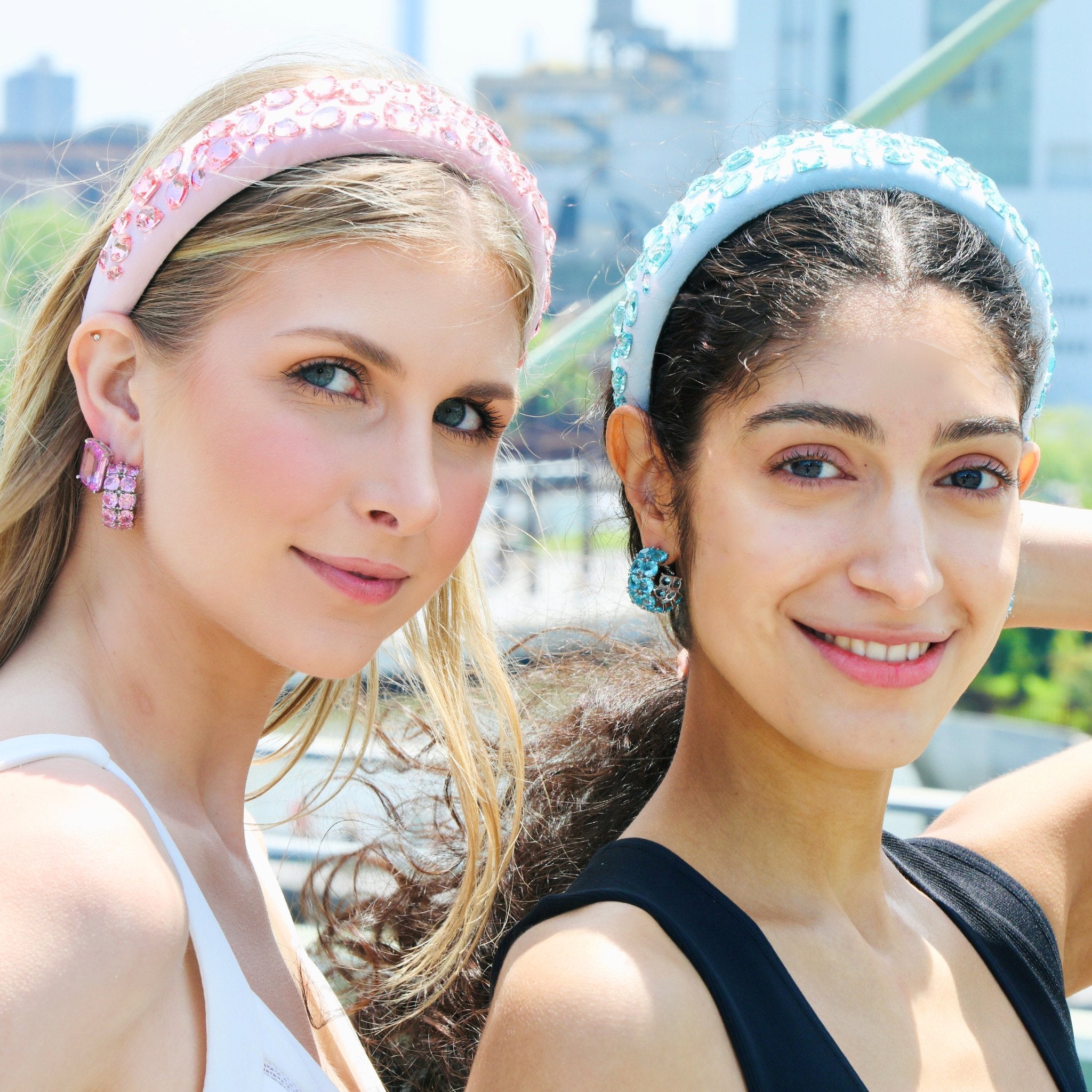 One of our pink headbands with delicate rhinestone detail, a versatile hair accessory for everyday sparkle.