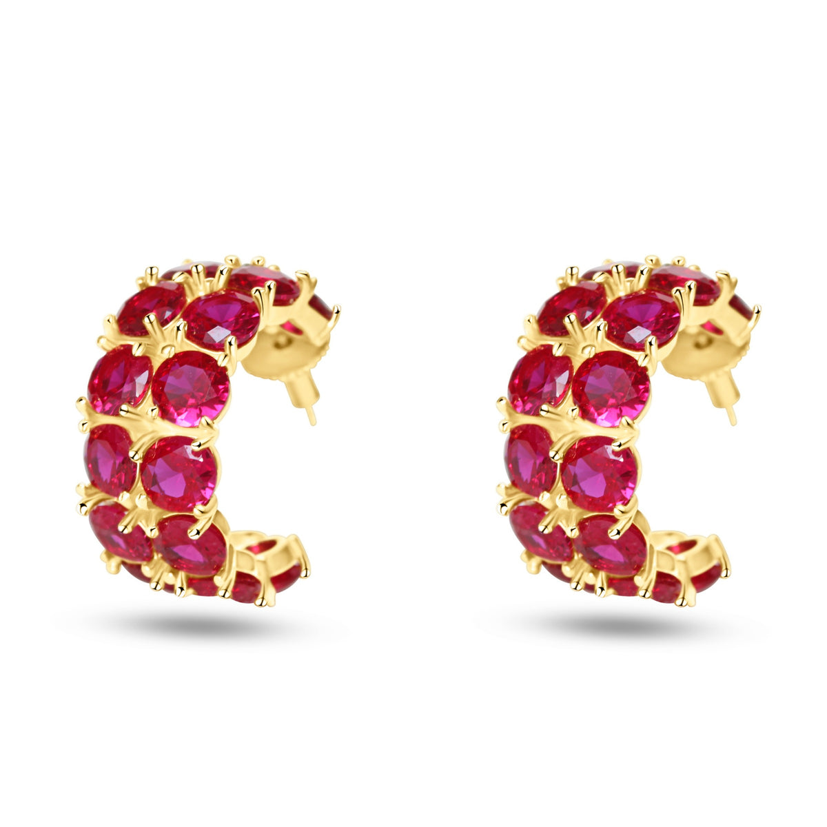 Pair of red ruby hoop earrings in gold plating