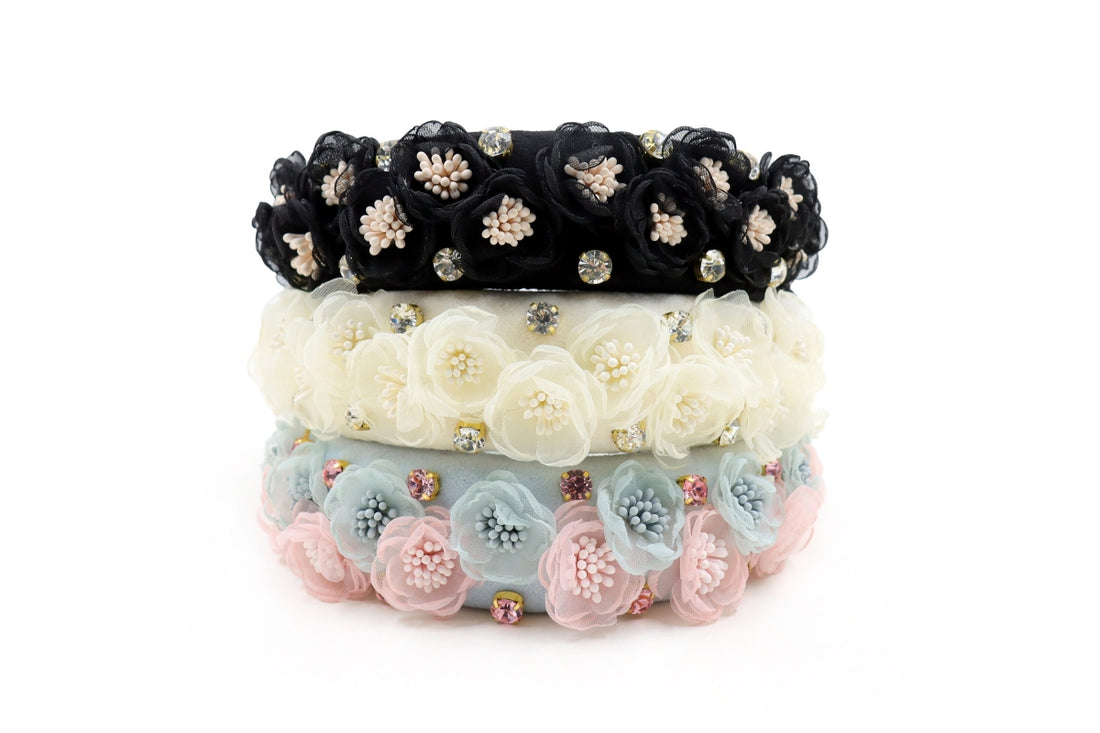 Designer headbands are made from crystals, pearls, rhinestones and floral patterns