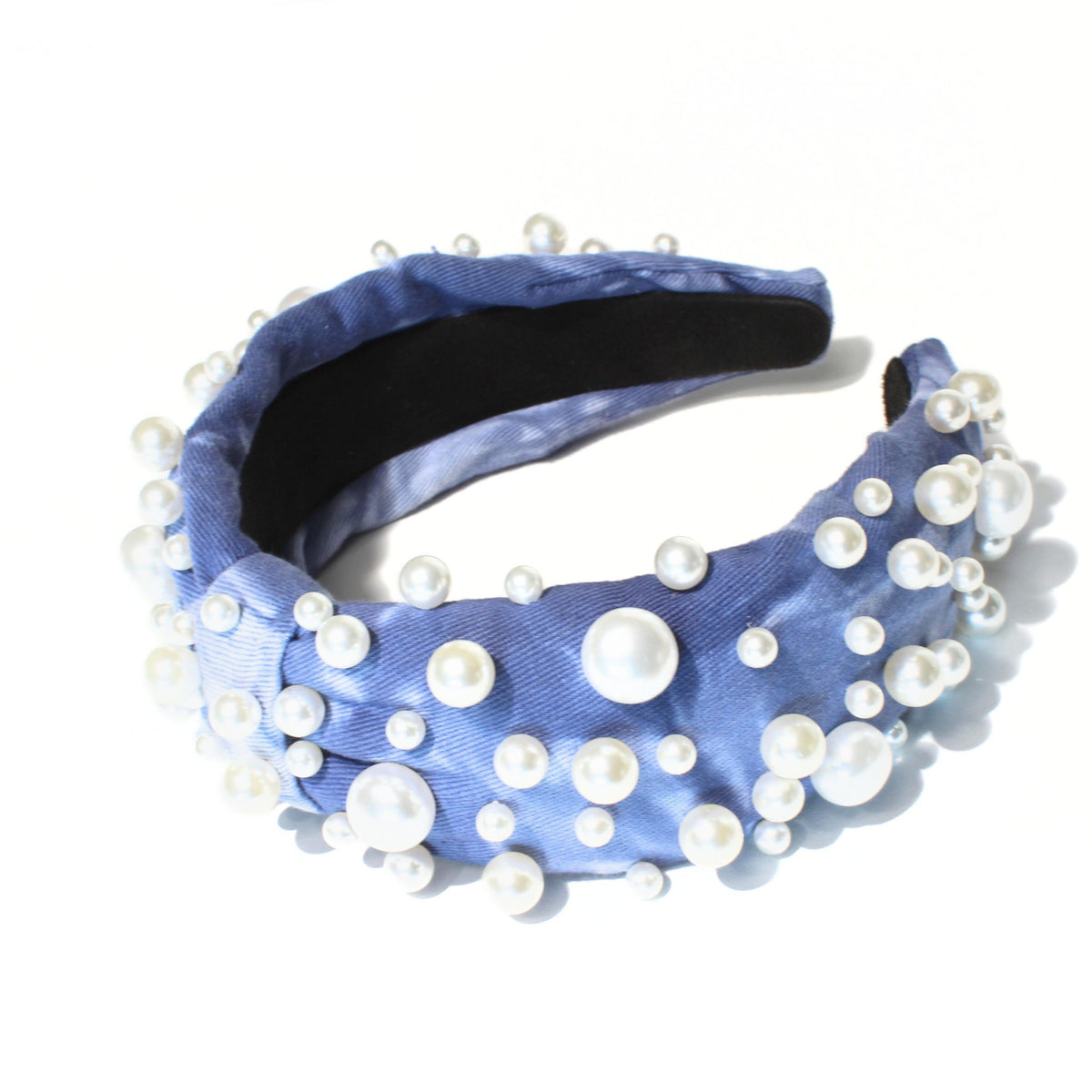 Handmade Faux Leather Knotted Headband with Faux Pearls - Blue Handmade Pearl Headbands | Women main image 4