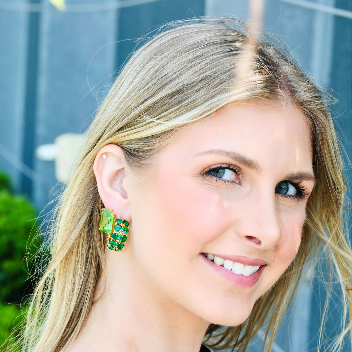 Gold emerald earrings with faceted green cubic zirconia