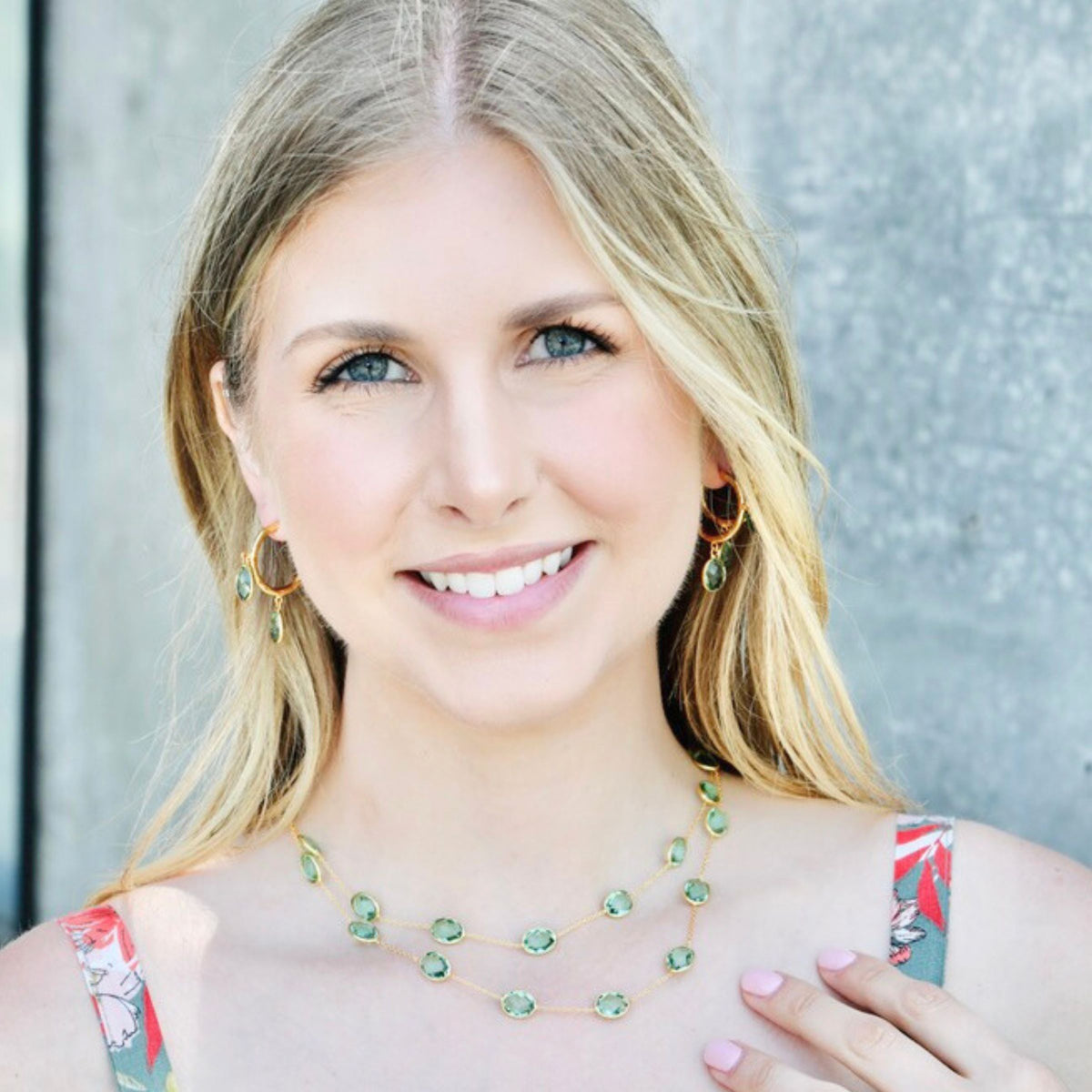 This gold necklace and green crystal pairing works beautifully as an everyday chain necklace layered under a blazer or dressed up for evening.