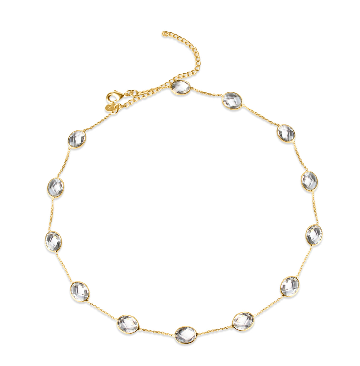 This oval crystal necklace features a gold crystal necklace design, with a single radiant crystal set delicately along a sleek gold chain.