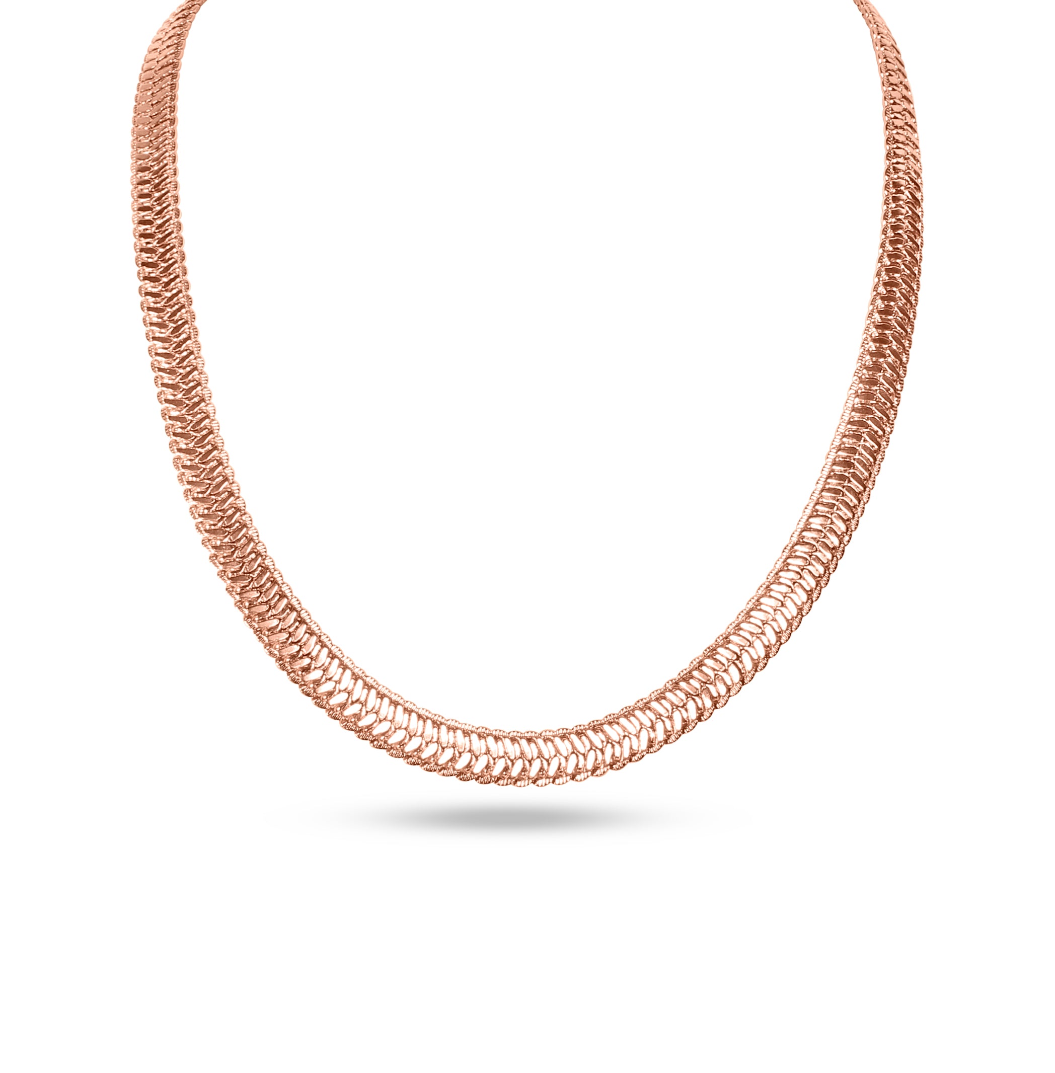 This rose gold snake chain necklace has a smooth, high-shine finish that catches the light with every movement.