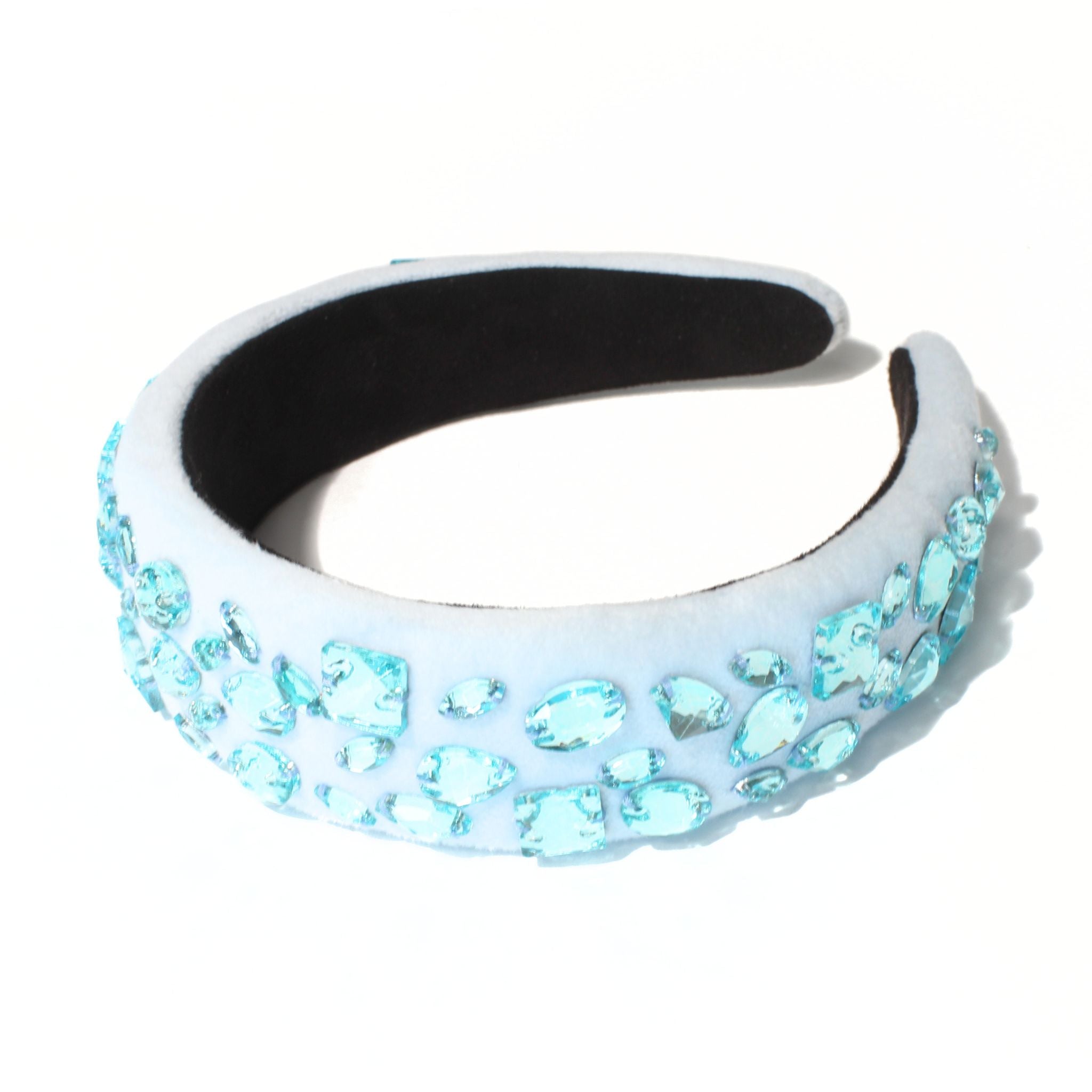 uglam crystal gleam blue designer headband made from high quality crystal. This velvet headband is perfect for perfect for all day wear 